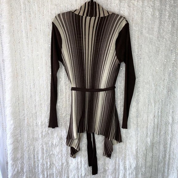 THREADS Open Drape Belted Cardigan Sweater Womens LARGE Light Knit Brown Striped - Picture 2 of 8
